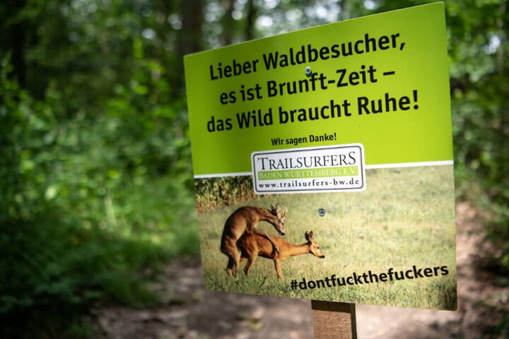 Mit diesem Plakat will ein Verein Mountainbiker von Fahrten durch den Wald abhalten.