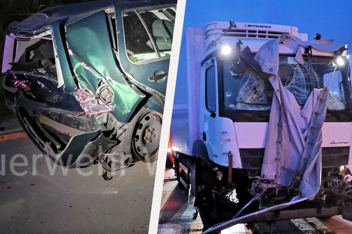 Der Mercedes-Sattelschlepper (r.) war auf einen vorausfahrenden Transporter aufgefahren, der diesen grünen VW (l.) geladen hatte.
