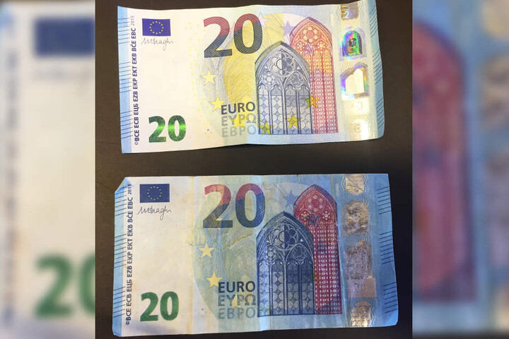 Im Gegensatz zum echten Zwanziger (o.) besaß der falsche unter anderem keine Hologramme.