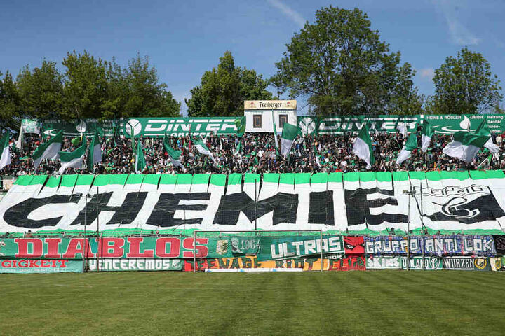 Der volle Alfred-Kunze-Sportparks legte vor Anpfiff eine sehenswerte Choreo hin.