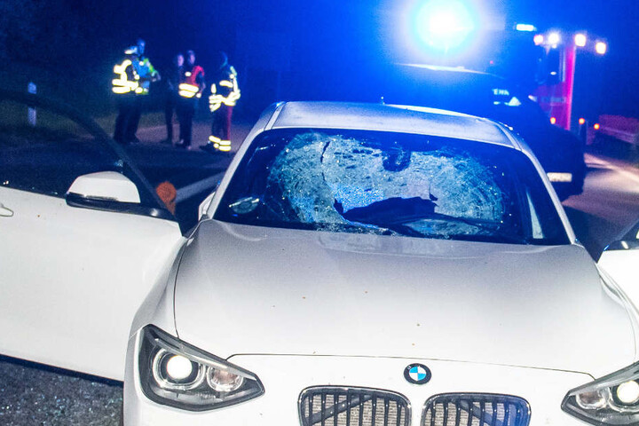 Der Stein hat genau die Windschutzscheibe des Autos getroffen.