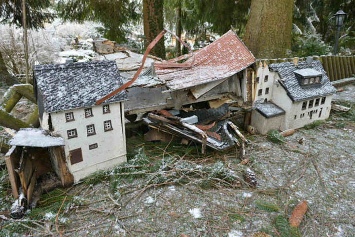 Traurige Bilder im "Klein-Erzgebirge": Umstürzende Bäume zerstörten die liebevoll gebastelten Modelle.