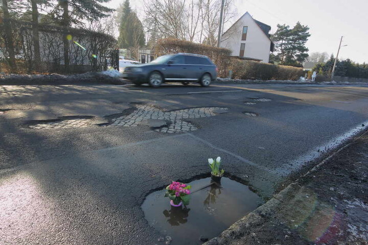 Blumigen Protest gab es bereits an der Radeburger Straße. Danach wurden die Schlaglöcher repariert.