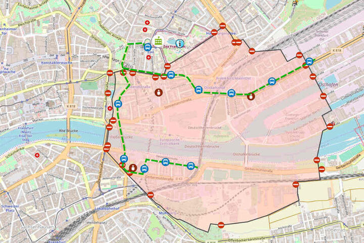 Der Screenshot zeigt eine Grafik der Feuerwehr Frankfurt. Die Evakuierungszone ist rot markiert.