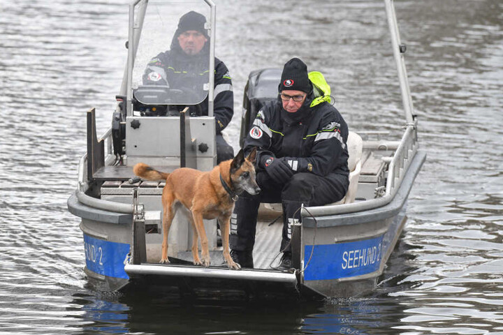 Mit Leichenspürhunden sucht die Polizei den Wolziger See ab.