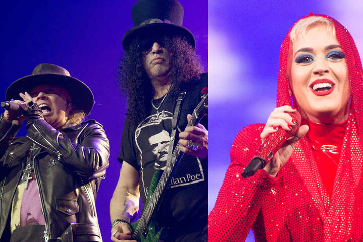 Axl Rose und Slash wieder bei den Gunners vereint. Rechts: Katy Perry schlüpft fast bei jedem Song in ein neues Outfit.