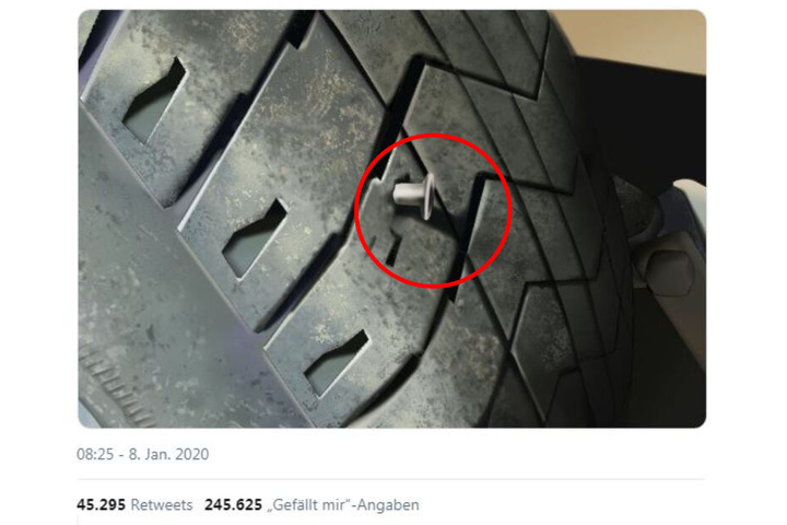 Herrlich dämlich: Der Nagel im Reifen ist nicht echt.