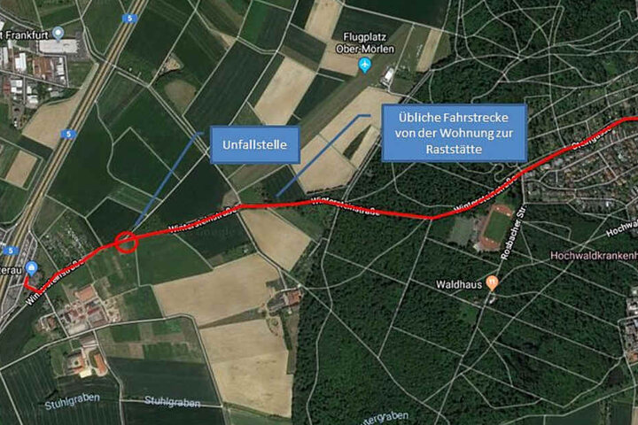 Die Grafik zeigt die übliche Fahrstrecke des Toten und die vermeintliche "Unfallstelle".