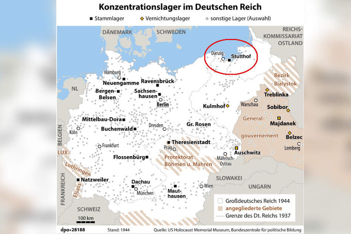 Karte: Konzentrationslager im Deutschen Reich im Jahr 1944. 
