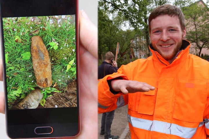 Arbeiter Kai Wolf zeigt seine zittrige Hand und ein Foto der Granate.