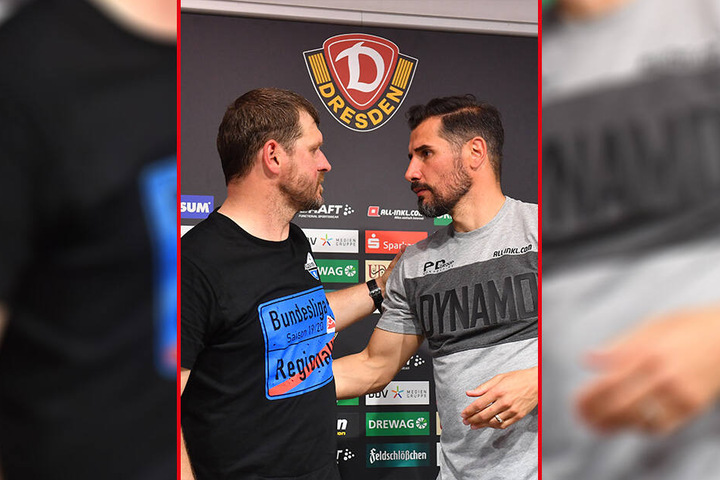 Cristian Fiel (r.) gratulierte seinem ehemaligen Union-Mitspieler Steffen Baumgart zum Aufstieg.