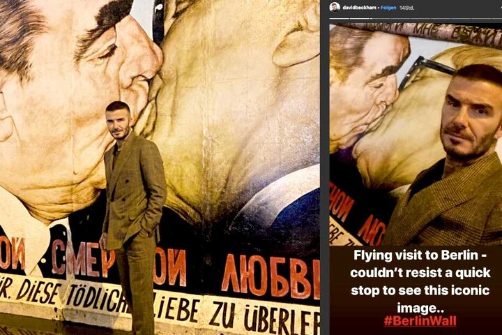 Der Fußballstar ließ es sich nicht nehmen, vor dem berühmten "Bruderkuss" an der East Side Gallery zu posieren.