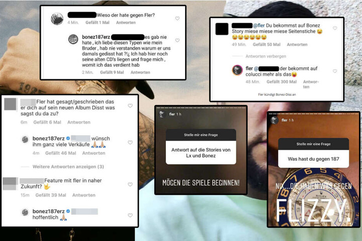 Screenshots der Aussagen der beiden Rapper, Bonez MC und Fler. (Screenshots Instagram/Bildmontage)