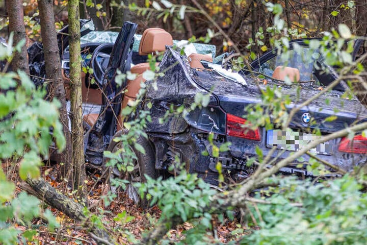 Der BMW kam nach dem schweren Unfall erst in einem Waldstück zum Liegen.