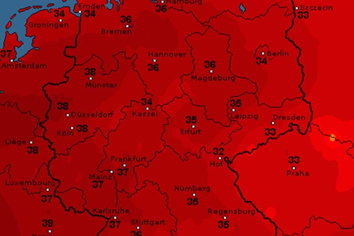 So sieht die Wetterkarte für Donnerstag laut WetterOnline aus. Der DWD prognostiziert Höchsttemperaturen.
