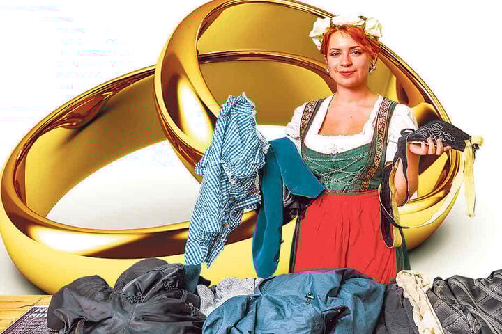 Kellnerin Eva-Maria (20) zeigt Blusen, Jacken und Hosenträger, die im Fundbüro auf ihre Besitzer warten. Immer wieder landen die versteckten Eheringe in den Fundkisten der Pichmännel-Besatzung.