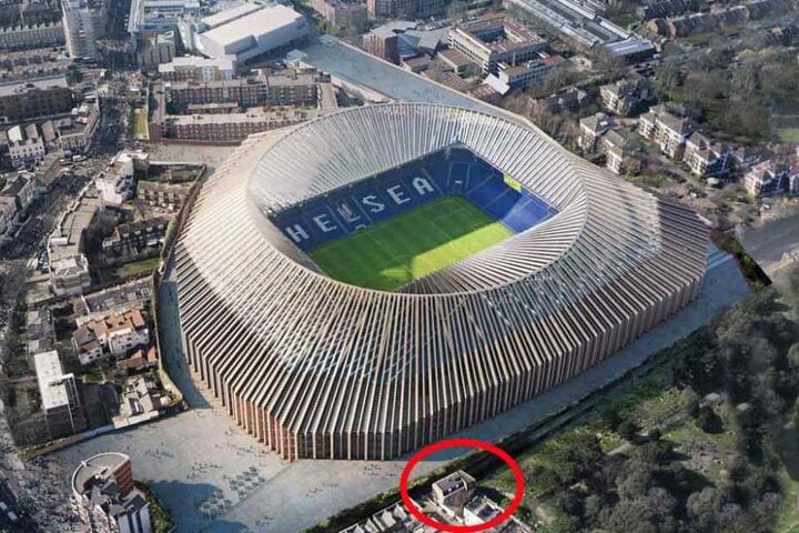 So soll die neue Stamford Bridge in London aussehen. Anwohner (Kreis) fordern für ihr künftiges Schattendasein eine Millionenentschädigung.