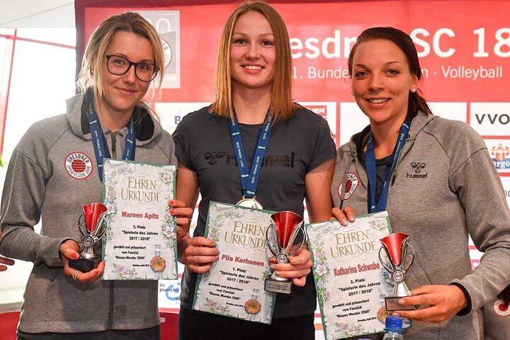 Piia Korhonen (Mi.) wurde zur Spielerin des Jahres gekürt, neben ihr Katharina Schwabe (r, 2. Platz) und die Drittplatzierte Mareen Apitz.
