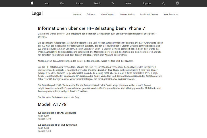 Auf der Apple-Website kann man sich über die HF-Belastung beim neuen iPhone belesen.
