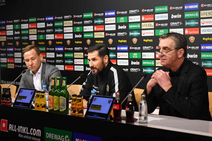 Pressesprecher Henry Buschmann, Cristian Fiel und Ralf Minge (v.l.) auf der Pressekonferenz am Donnerstag.