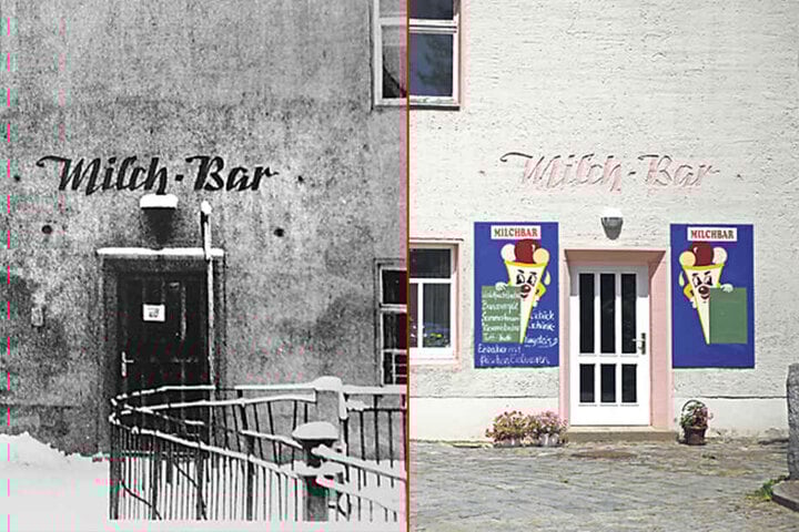 Links: Vor 60 Jahren so die Milchbar noch so aus. Rechts: Und so sieht die Milchbar an der Bahnhofstraße in Bischofswerda heute
aus.