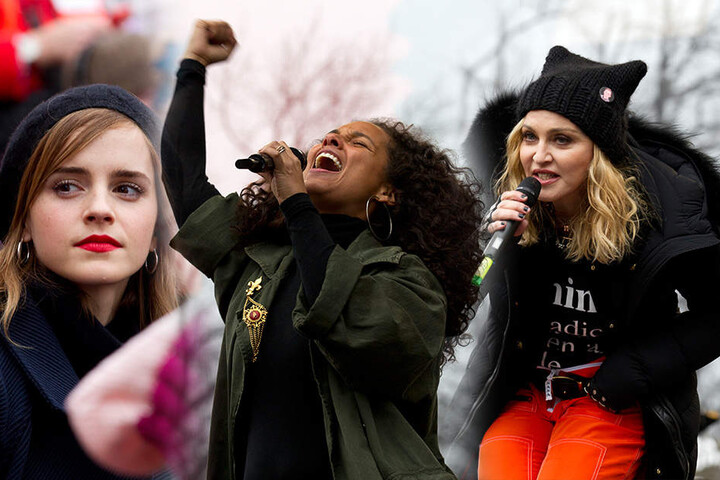 Auch einige Stars ließen sich bei den Protesten blicken: (v.l.) Emma Watson (26), Alicia Keys (35) und Madonna (58).