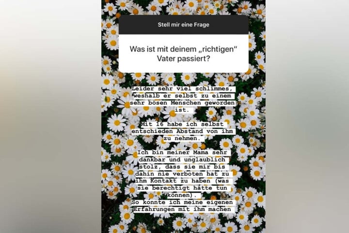 Der Screenshot zeigt die Aussage Vanessas über ihren leiblichen Vater in ihrer Instagram-Story.