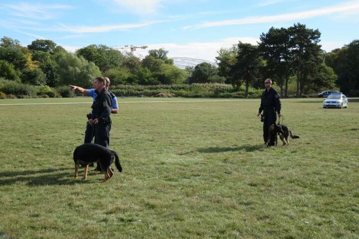 Die Polizei ist mit Hunden und Gewehren angerückt.