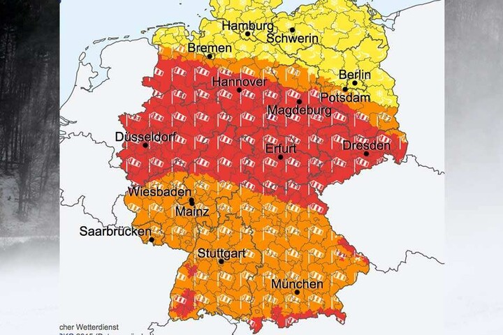 Wie ein rotes Band zieht sich der Orkan quer durch Deutschland.