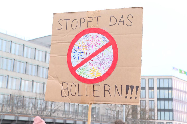 "Stoppt das Böllern" fordert ein Teilnehmer der Demonstration per Plakat.