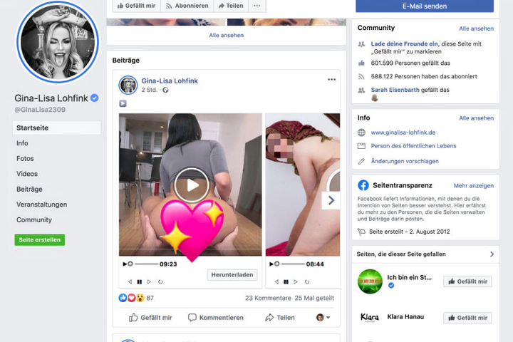 Der Screenshot vom frühen Samstagmorgen zeigt die Facebook-Seite von Gina-Lisa Lohfink mit den fragwürdigen Inhalten.