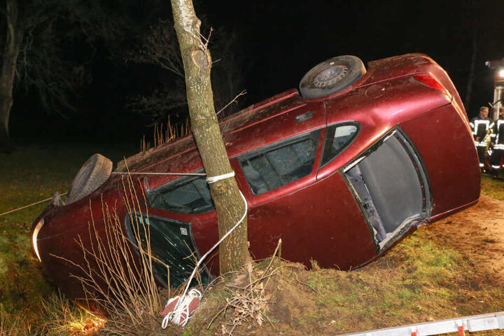Das Auto landete auf der Seite an einem Baum.