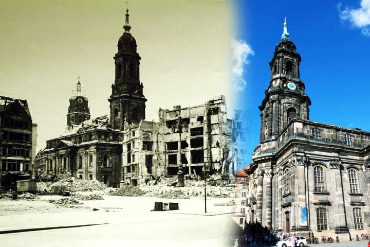Kreuzkirche 1945 und 2020.