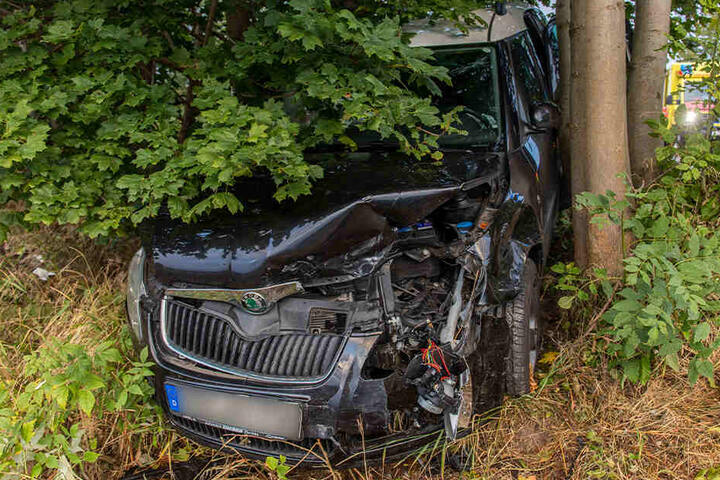 Der eine Skoda krachte in mehrere Bäume und verkeilte sich dort.