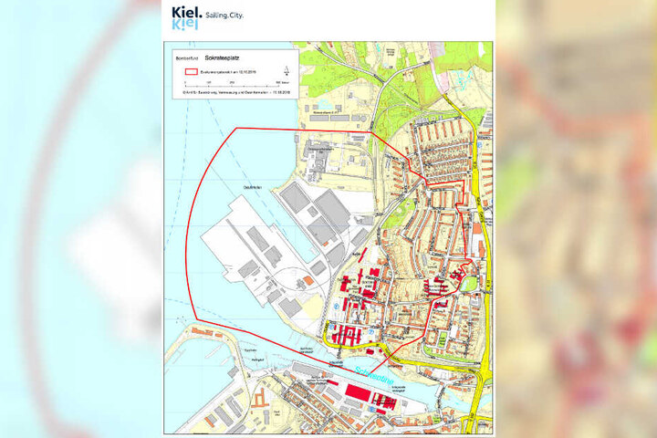 Der auf der Karte rot umrandete Bereich der Stadt Kiel muss am Samstag evakuiert werden.
