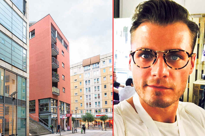 Tobias Börner (31). Links im Bild der Sitz Firmenzentrale in Dresden.
