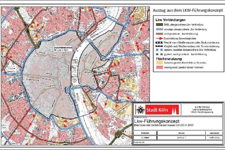In der markierten Zone ist eine Durchfahrt für Lastwagen verboten.