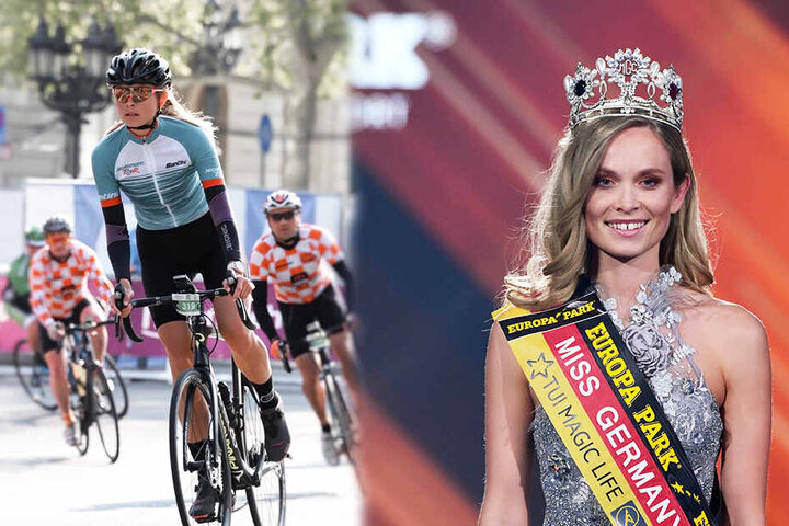Miss Germany Nadine Berneis startet am Sonntag beim Dresdner Velorace. Im Februar wurde die hübsche Dresdnerin zur schönsten Frau Deutschlands gewählt (r.). (Bildmontage)