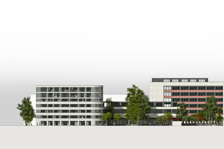 Ein Neubau mit zwei runden und zwei spitzen Ecken gliedert sich dem Areal an.