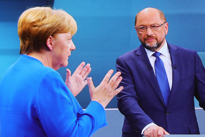 Das bis dato einzige TV-Duell zwischen Angela Merkel (CDU) und Martin Schulz (SPD) vor der Bundestagswahl 2017 wurde gemeinsam vom Ersten, RTL, SAT.1 und ZDF übertragen.