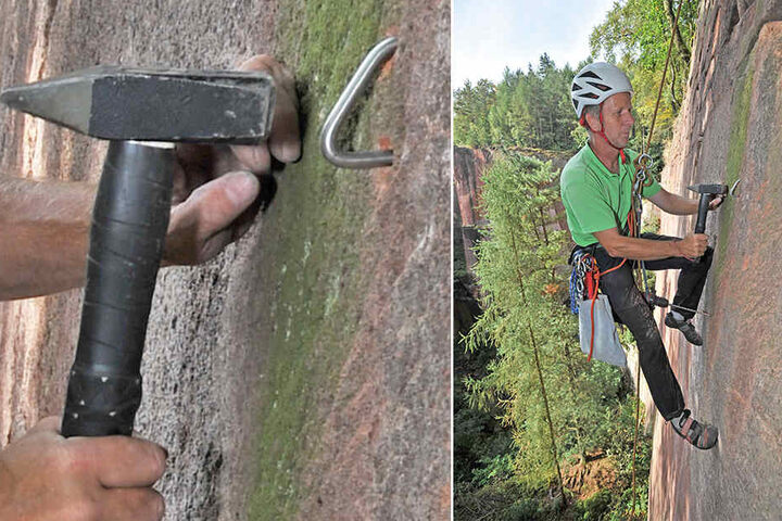 Kletterer und Sicherheitsexperte Wido Woicik (54) installiert für den Sächsischen Bergsteigerbund Sicherungsringe.