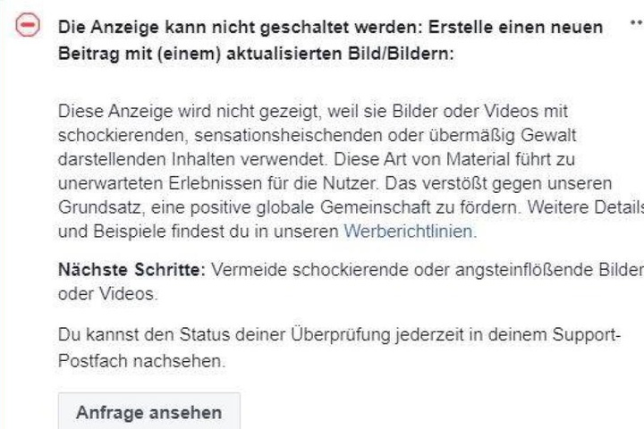 Facebook sperrte die Werbeanzeige.