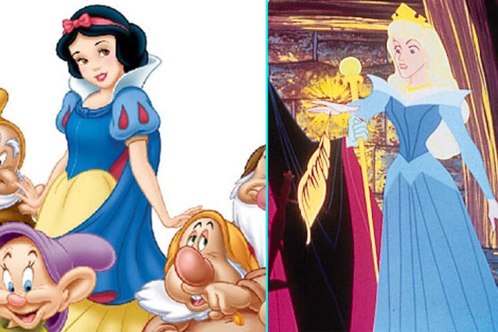 Das blau-gelb-weiß-rote Kleid von Schneewittchen ist ein typisches Merkmal der Prinzessin. Auch Dornröschen zeigt sich im Disney-Film in Blau.