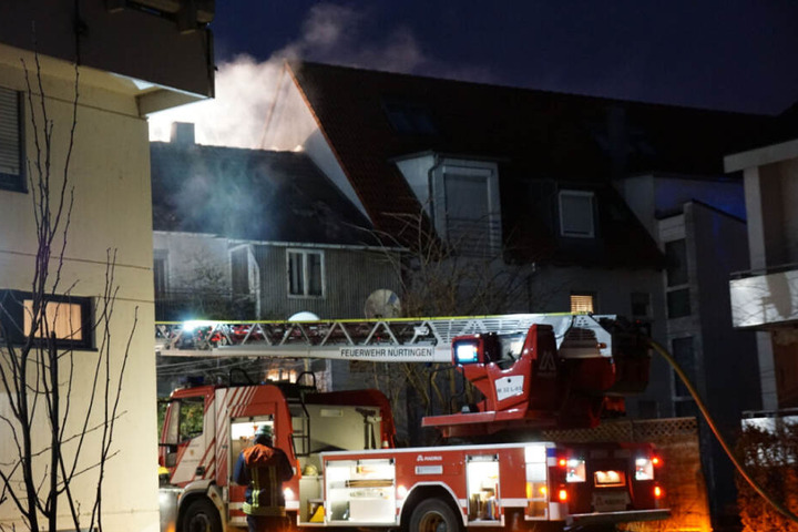 Die Feuerwehr vor dem brennenden Haus.
