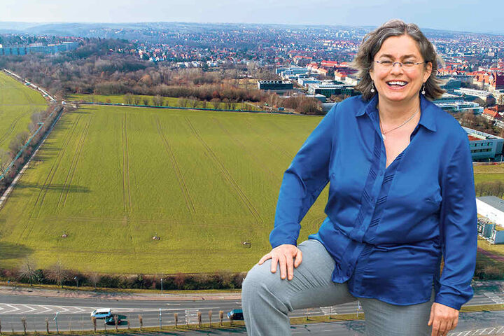 Der Blick von der Bergstraße in Richtung Westendring zeigt die ungefähren Ausmaße des neuen Südparkes. Eva Jähnigen (52, Grüne) ist als Umweltbürgermeisterin für den Südpark zuständig.