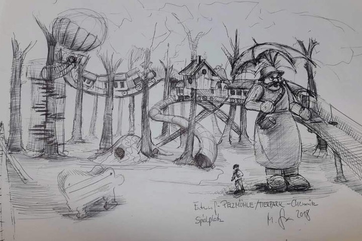 Mit einem hölzernen "Himmelszug" geht es auf dem neuen Spielplatz an der Pelzmühle bald durch die Wipfel.