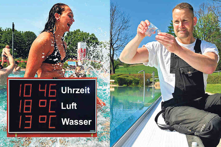 Na, ist da auch alles okay? Sven Lieberwirth (47) nimmt
Wasserproben im Freibad
Einsiedel.