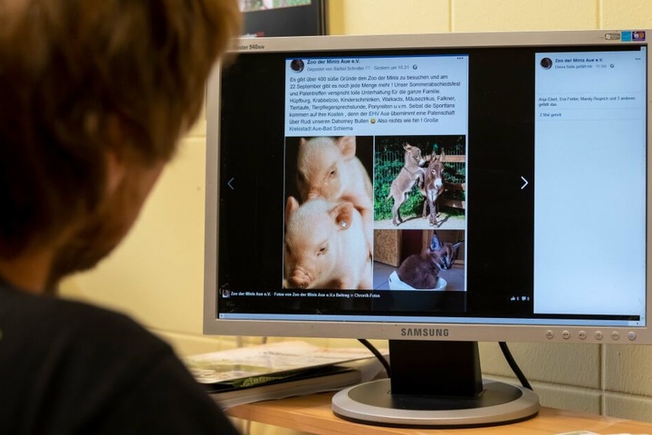 Der Zoo der Minis wollte auf seiner Facebook Seite Bilder in einer Anzeige zeigen die von Facebook gesperrt wurden. Ein Mitarbeiter mit dem Post am Monitor.