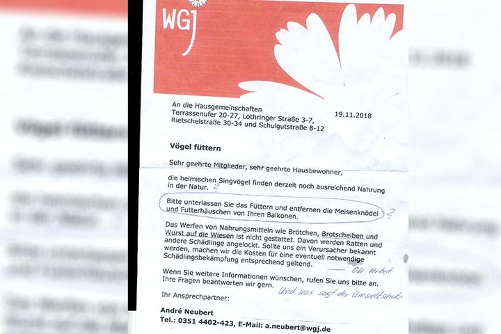 Mit diesem Rundschreiben schockte die WGJ die Vogelfreunde unter ihren Mietern.
