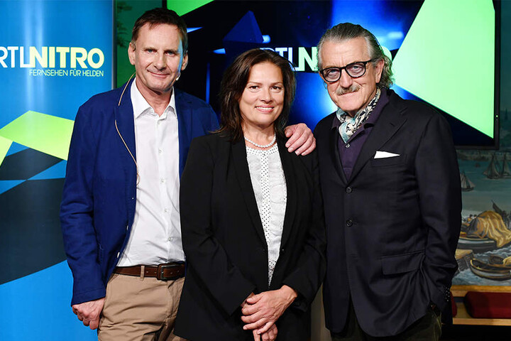 Peter Illmann (von li, re), Stefanie Tücking und Dieter Meier 2016 in Berlin bei RTL-Nitro.